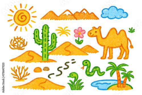 Colorful Desert Doodle. Desert landscape. Colorful Hand-drawn doodle Children illustration Desert landscape sand dunes, tall saguaro, sun, tumbleweed, rocks,