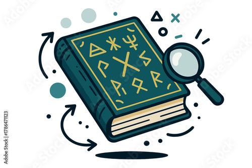 Enchanted Antique Book. Antique Books ? Ancient Symbols. Old cover embossed with gold runes; faint circles of light hover above. A magnifier hovers near the