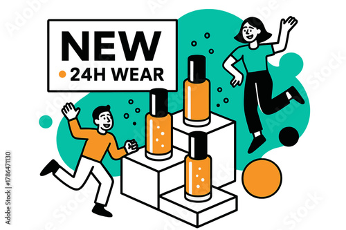 Shelf Display Mockup. Shelf Display Mockup. Tiered risers present bottles at clean angles; a bold card proclaims ?NEW ? 24H Wear.? Confetti dots sparkle like