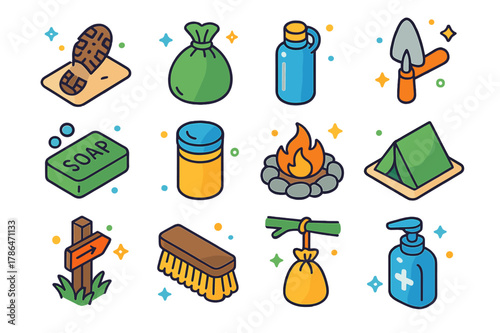 Leave No Trace Icons. Leave No Trace while hiking. Colorful isometric vector icons set of Leave No Trace while hiking: footprint on trail, trash bag, reusable