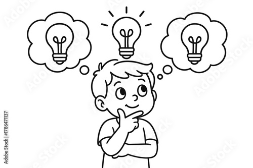 Creative Kids' Ideas. problem solving children?s coloring book illustration, outlined drawing, a child thinking creatively with thought bubbles and lightbulb
