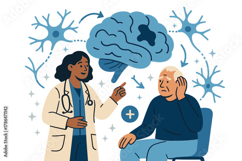 Explaining Dementia Effects. Brain disorders and conditions. Doctor explaining dementia effects on brain to patient with abstract floating neurons, arrows, and
