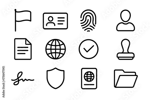 National Identity Icons. National identity. Line outline icon set of national identity: flag, ID card,