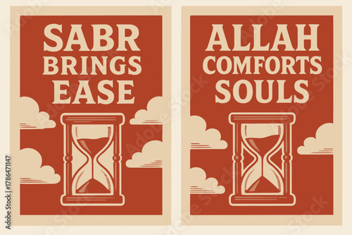Sabr and Comfort Banners. Patience & Sabr. Two vertical A6 banners with safe margins, centered composition, no elements touching edges, retro, red and beige,