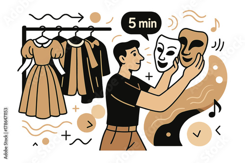 Backstage Serenity. Amphitheater ? Backstage Calm. Costumes hang in tidy rows; a stagehand adjusts a mask while a tiny ? min? callout glows. Soft sound waves