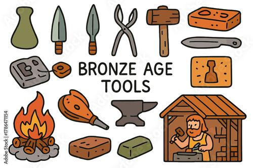 Bronze Age Tools. Bronze Age tools. Colorful Hand-drawn doodle Children illustration Bronze Age tools axe head, knife blade, spear point, hammer, tongs, mold,