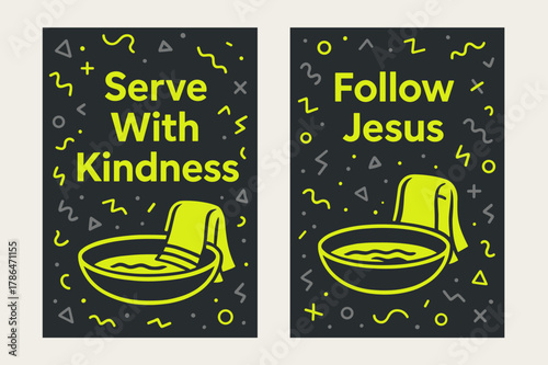 Kindness and Faith Banners. Serving Others. Two vertical A6 banners with safe margins, centered composition, no elements touching edges, memphis, charcoal and