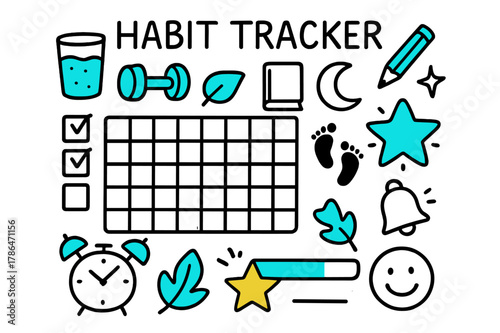 Habit Tracker Doodle. // Habit tracker. Hand-drawn doodle illustration Habit tracker [grid page (accented), checkboxes (accented), water glass, dumbbell