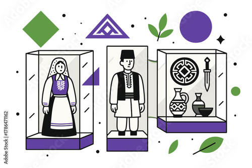 Heritage Display. Preserving tradition. A display of traditional clothing and artifacts in glass cases,