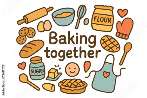 Joyful Baking Doodles. Baking together. Hand-drawn doodle illustration of Baking together. Rolling pin, mixing