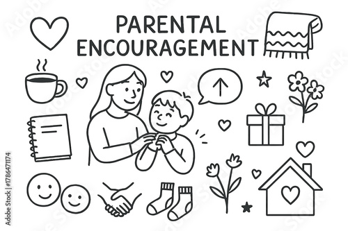 Parental Encouragement Icons. Parental Encouragement. Hand-drawn doodle illustration Parental Encouragement mom cheering child, heart, blanket, cup of tea,