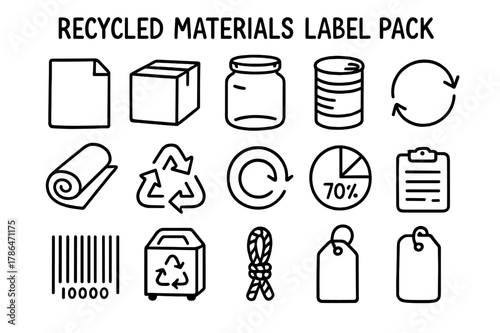 Recycled Materials Icons. Recycled materials label pack. Hand-drawn doodle illustration Recycled materials label pack paper sheet, cardboard box, glass jar,