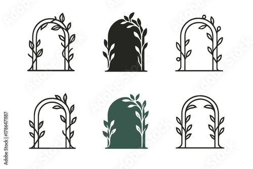 Enchanted Doorway Logos. Enchanted doorway. Set Logo of Enchanted doorway: vine-wrapped arch. harmonious logo variations of the same emblematic concept, each