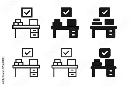 Workspace Declutter Logos. Tidying workspace. Icon set. Set Logo of tidying workspace: declutter checklist. harmonious logo variations of the same emblematic