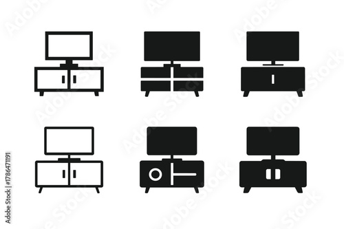 TV Stand Logos. A TV stand with storage for electronics and media. Set Logo of A TV stand with storage for electronics and media: floating wall-mounted media