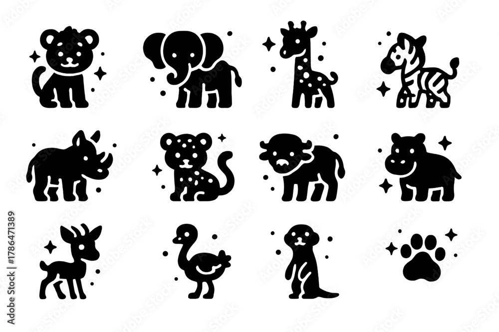 Fototapeta premium Savanna Baby Animals. Young Animals of the Savanna. Solid icons set of Young Animals of the Savanna: lion cub, baby elephant, giraffe calf, zebra foal, rhino