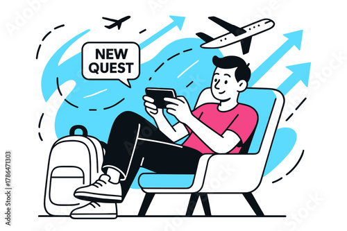 Airport Gaming Adventure. Playing a mobile game on the go ? Airport lounge. Backpack at feet, player leans back in a comfy chair; planes and abstract arrows