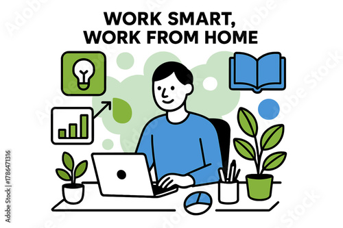 Smart Home Workspace. Home office setups. A person sitting at a tidy desk with a laptop, plants, and organized