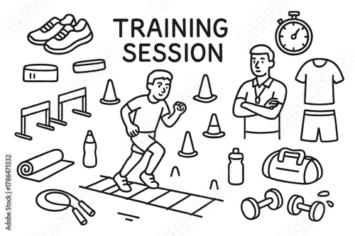 Fitness Training Doodle. Training Session. Hand-drawn doodle illustration Training Session person running through agility ladder, cones, sneakers, stopwatch,