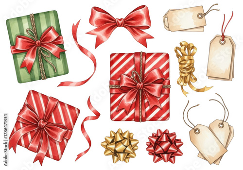 Collection of christmas gift boxes, ribbons, bows, and tags isolated on transparent background