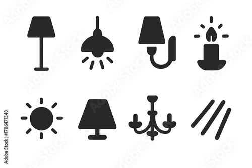 Ambient Lighting Icons. Ambient lighting. Filled icon set of ambient lighting: floor lamp, pendant light, wall
