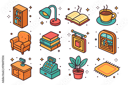 Cozy Bookstore Icons. Cozy bookstore. Colorful isometric vector icons set of cozy bookstore: bookshelf, open book, reading lamp, coffee cup, armchair, book