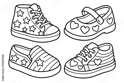 Fun Shoe Designs. Creative shoe patterns children?s coloring book illustration, outlined drawing, fun shoes