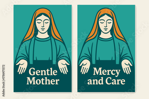 Gentle Mother Banners. Mother of Mercy. Two vertical A6 banners with safe margins, centered composition, no elements touching edges, modern, turquoise and