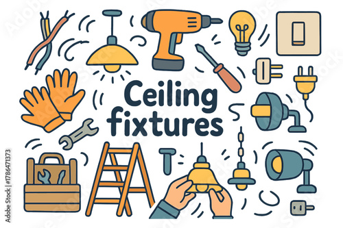 Ceiling Fixtures Doodle. Ceiling fixtures. Hand-drawn doodle illustration of ceiling fixtures. Ceiling lamp,