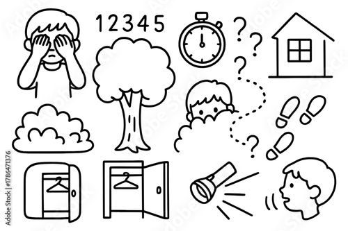 Playful Hide and Seek. Hide and seek. Hand-drawn doodle illustration hide and seek child covering eyes, tree to hide behind, bushes, footprints, peeking face,