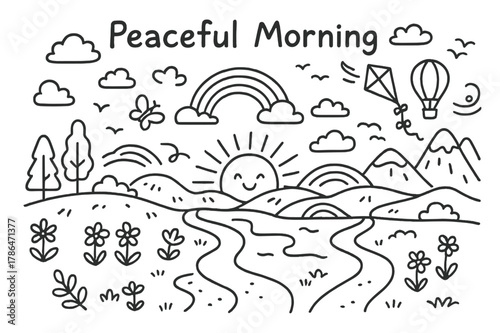 Peaceful Morning Doodle. Peaceful Morning. Hand-drawn doodle illustration Peaceful Morning sun rising, hills, trees, river, clouds, birds, flowers, path,