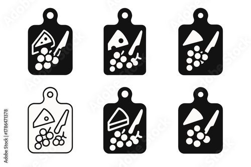 Charcuterie Logo Variations. Private chef and catering services. Set Logo of charcuterie board: board with cheese, grapes, and knife. Icon set. harmonious logo