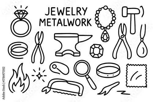 Jewelry Metalwork Tools. Jewelry metalwork. Hand-drawn doodle illustration jewelry metalwork ring, necklace, hammer, pliers, anvil, wire, pendant, gemstone,