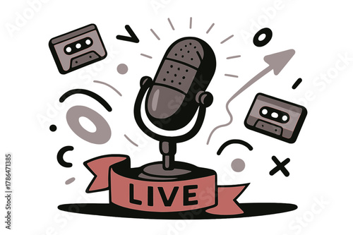 Vintage Broadcast Vibes. Radio Studio Desk ? Vintage Mic. A classic broadcast mic tilts forward with a halo of lines; cassette icons float like memories. Label