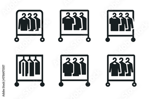 Uniformity Hanger Logos. Hanging clothes on matching hangers for uniformity. Icon set. Set Logo of Hanging clothes on matching hangers for uniformity: garment