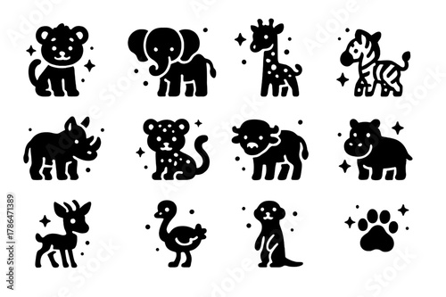 Savanna Baby Animals. Young Animals of the Savanna. Solid icons set of Young Animals of the Savanna: lion cub, baby elephant, giraffe calf, zebra foal, rhino