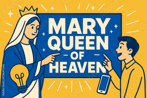 Heavenly Banner Design. Mary Crown of Heaven banner, flat vector illustration, bold oversized text inside rectangular frame banner, cartoon characters standing