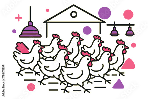 Organized Poultry Dynamics. Poultry Farm. Chickens moving in organized rows inside a poultry house with floating abstract geometric shapes and soft highlights,