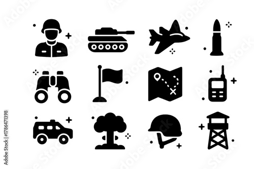 Battlefront Icon Set. Battlefront. Solid icons set of Battlefront: soldier, tank, jet, missile, binoculars, flag, map, radio, armored vehicle, explosion,