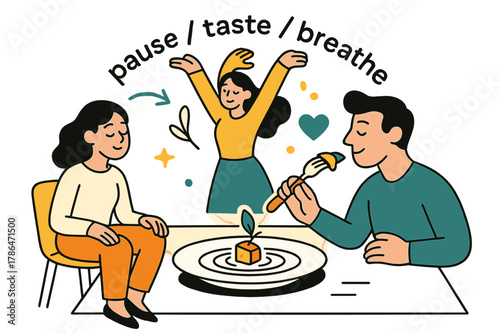 Mindful Dining Moment. Mindful Eating Practices. Minimal table setting with one plate, one bite, and calm ripples around it. Text ?pause / taste / breathe?