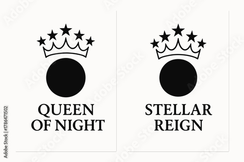 Star Queen Banners. Queen of Stars. Two vertical A6 banners with safe margins, centered composition, no elements touching edges, minimal, black and white,
