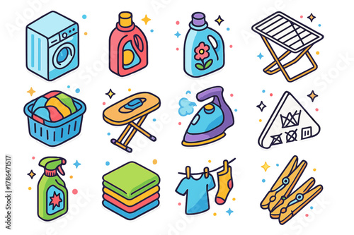 Colorful Laundry Icons. Laundry and garment care. Colorful isometric vector icons set of Laundry and garment care: washing machine, detergent bottle, fabric