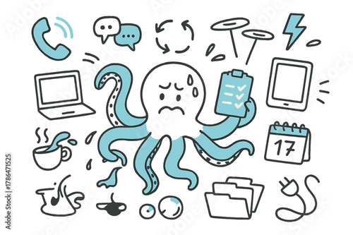 Multitasking Octopus Chaos. // Multitasking chaos. Hand-drawn doodle illustration Multitasking chaos [octopus arms (accented), phone ringing (accented),