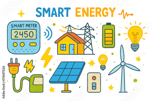 Smart Energy Doodles. smart energy. Colorful Hand-drawn doodle Children illustration smart energy smart meter, electricity meter, digital display, house, power