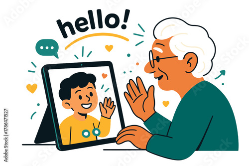 Virtual Family Connection. Elderly ? Video Call. A tablet shows a grandchild waving; chat dots and tiny hearts float between screens. Caption ?hello!? arcs