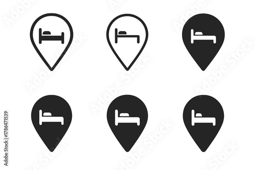 Shelter Logo Variations. Migrant shelters. Set Logo of Migrant shelters: location pin with bed icon. Icon set. harmonious logo variations of the same