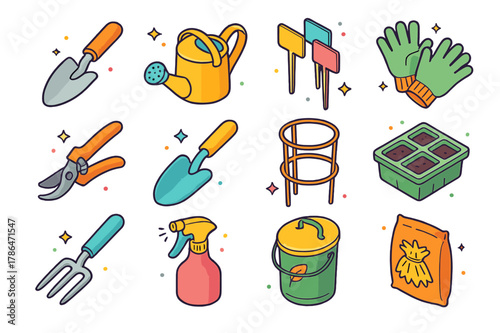 Home Gardening Icons. Home tomato gardening tools. Colorful isometric vector icons set of Home tomato gardening tools: hand trowel, watering can, plant labels,
