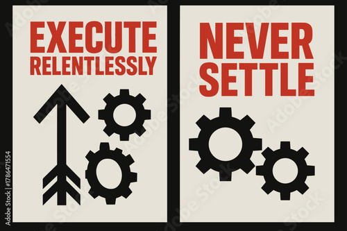 Brutalist Banner Art. Execute relentlessly. Two vertical A6 banners with safe margins, centered composition, no elements touching edges, brutalist, black and