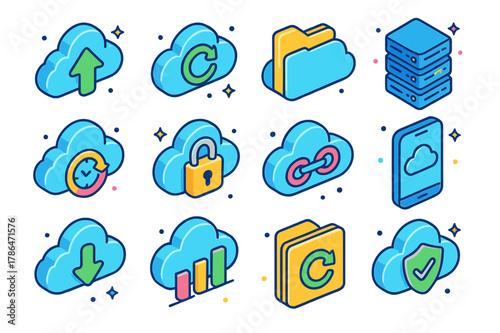 Cloud Storage Icons. Cloud storage systems. Colorful isometric vector icons set of Cloud storage systems: cloud upload arrow, sync icon, data folder, server