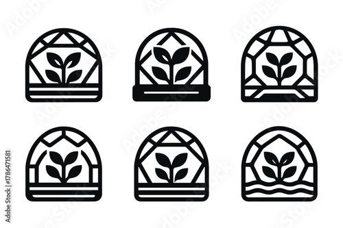 Futuristic Space Greenhouses. The future of space habitats and long-term space travel. Set Logo of hydroponic greenhouse dome: Negative space, Stylized detail,